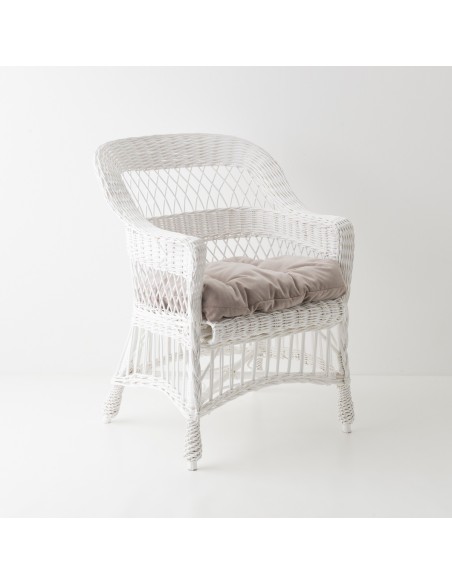 Fauteuil osier Bianka exemple avec coussin en velours violine en option