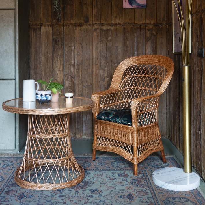 wicker table with brown willow and wicker armchair